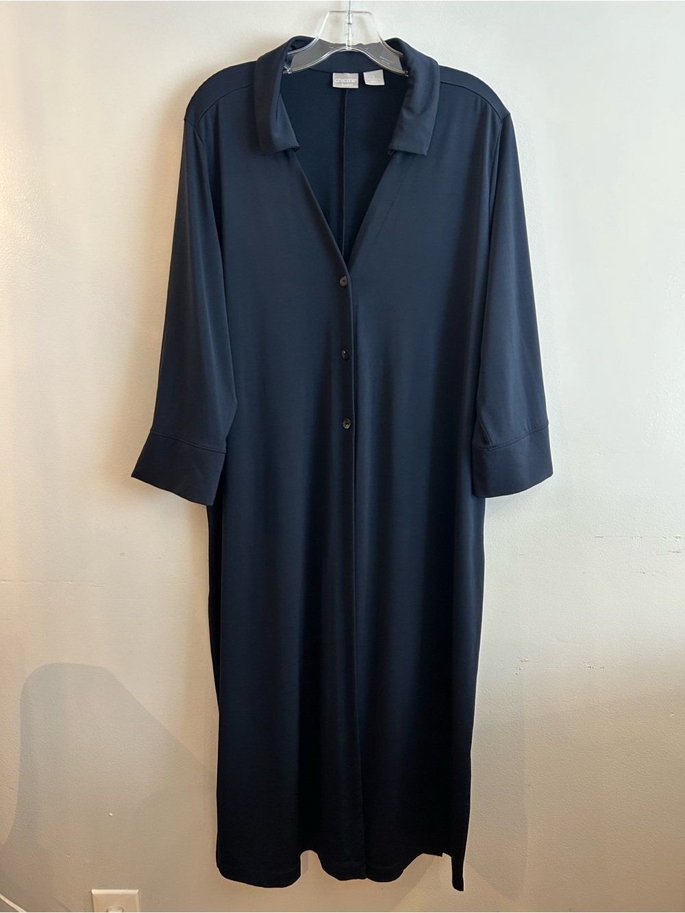 Chico's Travelers navy blue button-front maxi duster cardigan lagenlook modern